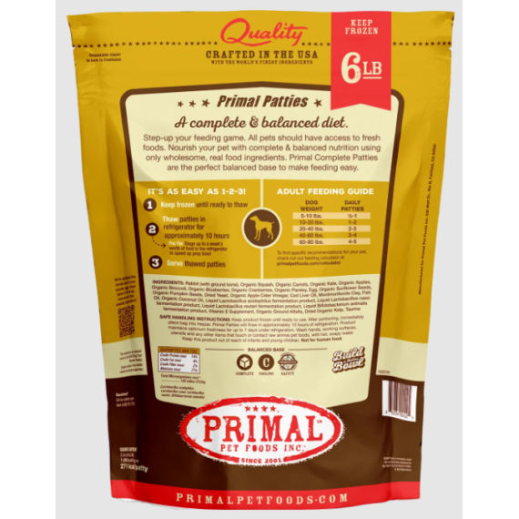 PRIMAL - CANINE RAW FROZEN PATTIES **急凍**鮮肉狗配方 - 兔肉 6 lb [CRF6PTY]