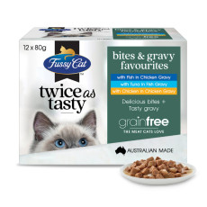 Fussy Cat [FC152231] Twice as Tasty系列 Bites & Gravy Favourites口味 貓濕包80g (1盒12包 - 3種味x4) (深綠)